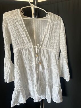 blue island White Textured Tie-Front Peasant Tunic whimsical Boho